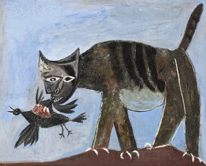 Pablo Picasso Spanish 1881–1973 Cat seizing a bird (Chat saisissant un oiseau) 22 April 1939 oil on canvas 81.0 x 100.0 cm Musée national Picasso-Paris Donated in lieu of tax, 1979 © Succession Picasso/Copyright Agency, 2022 Photo © RMN-Grand Palais (Musée national Picasso-Paris) / Mathieu Rabeau
