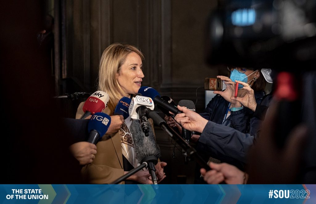 Roberta Metsola, President of the European Parliament, speaking to members of the press at SOU2022. 6 May 2022, Palazzo Vecchio, Florence, Italy. | Photo by SOU2022/NHA/File photo