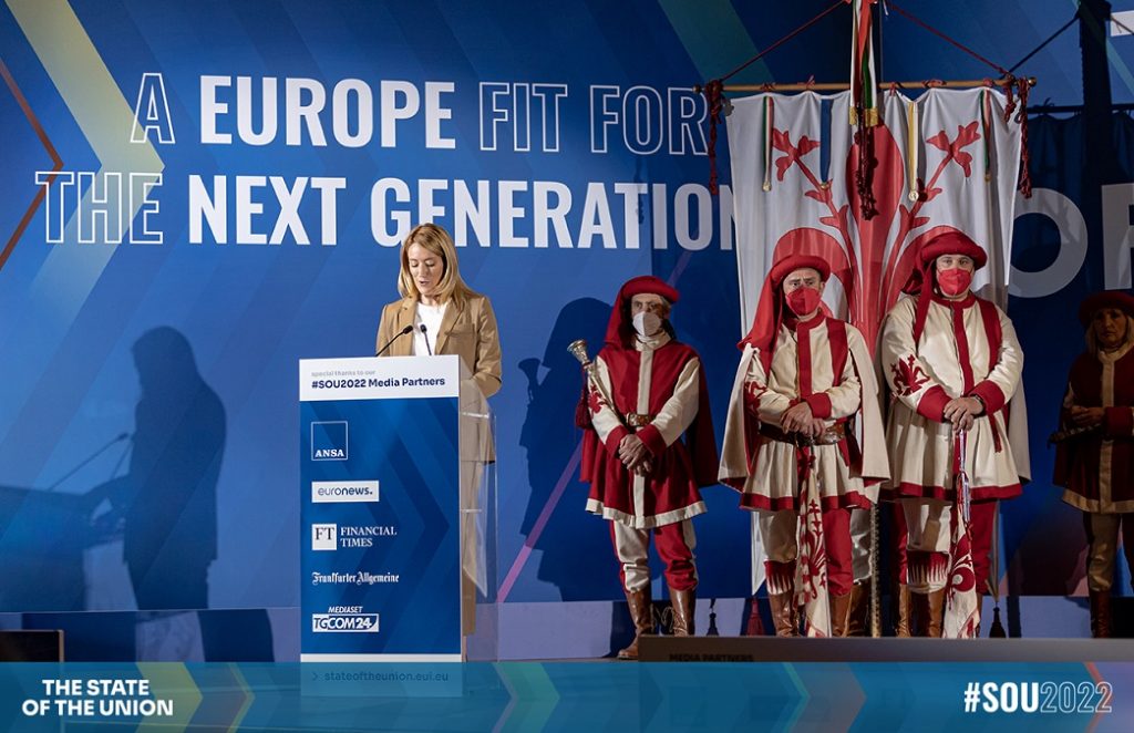 Roberta Metsola, President of the European Parliament, speaking at the opening session of the second day of SOU2022. 6 May 2022, Palazzo Vecchio, Florence, Italy. | Photo by SOU2022/NHA/File photo