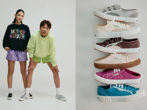 Models on the left wearing Superga x Motherchuckers 2750 Strap (RM449.90). Available in Brown Coffee, sizes EU 35-45; and in Pebble Grey, sizes EU 35-45. Photo on the right shows the full collection available in Malaysia. From the top: Superga x Motherchuckers 2750 Strap in Pebble Grey (RM449.90); Superga x Motherchuckers 2630 Stripe in Yellow Butter (RM449.90); Superga x Motherchuckers 2750 Strap in Brown Coffee (RM449.90); Superga x Motherchuckers 2402 Suede Mule in Oatmeal; Superga x Motherchuckers 2402 Suede Mule in Fuchsia Orchid; and Superga x Motherchuckers 2630 Stripe in Neptune. | Photos by Superga Malaysia/NHA File Photo