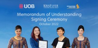 Ms Jacquelyn Tan (centre left), UOB Head of Group Personal Financial Services with Ms JoAnn Tan (centre right), SIA Senior Vice President, Marketing Planning at the signing of the UOB-SIA strategic regional partnership MOU. | Photo by UOB Malaysia/NHA File Photo