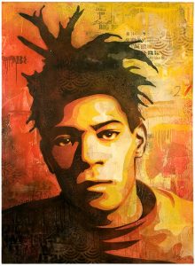 Shepard Fairey, Basquiat (Red), 2010. Stencil impression and mixed media collage on canvas, 152.4 x 111.8 cm. Courtesy of Shepard Fairey / ObeyGiant.com. Collection of Jeffrey Deitch.