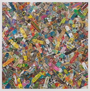 Haroshi, Mosh Pit, 2019. Skateboard decks, 500 x 500 x 2 cm. Photo © Genevieve Hanson. Courtesy of the artist, Jeffrey Deitch, and NANZUKA.