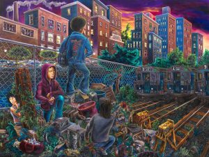 Lady Pink, TC5 in the Ghost Yard, 2020. Acrylic on canvas, 60 x 84 inches. Courtesy of the artist.