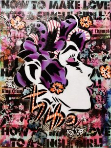 AIKO, Kiss, 2017. 46 x 34 inches, Mixed media on canvas. Courtesy of the artist.