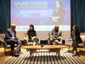 Panellists speaking during the moderated discussion on 'Addressing Cyber Threats to Develop an Investor-Friendly Country' at the recent Malaysia Global Business Forum (MGBF) held in Kuala Lumpur themed 'Designing the Future of the Digital Economy'. From left: Vicks Kanagasingam, Chief Executive Officer of Censof Digital Sdn Bhd; Shin Mei Lee, Head of Enterprise Business for Google Cloud; Murugason R. Thangaratnam, Chief Executive Officer of Novem CS Sdn Bhd; and Ruzanna Muhammad, Editor-at-Large for News Hub Asia. | Photo by Malaysia Global Business Forum (MGBF)