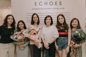 Artists featured at "Echoes" art exhibition by Art+ Contemporary Gallery. From left: Mulaika Nordin, Sofia Haron, Erica Eng, June Cheong (Director of Art+ Contemporary), Margaret Lau, and SC Chin. | Photo by Irfaan Reeza Seth / News Hub Asia