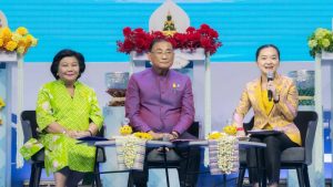 The launch of the Maha Songkran World Water Festival 2024. From left: Puangpet Chunlaiad, Minister Attached to the Prime Minister’s Office; Sermsak Pongpanit, Culture Minister; and Sudawan Wangsuphakijkosol, Tourism and Sports Minister. | Bangkok, Thailand, 2 April 2024 | Photo by Tourism Authority of Thailand/NHA File Photo
