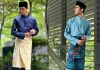 Two photos of a young man wearing the Baju Melayu in navy blue and light turquoise by Binwani's Fashion Group.