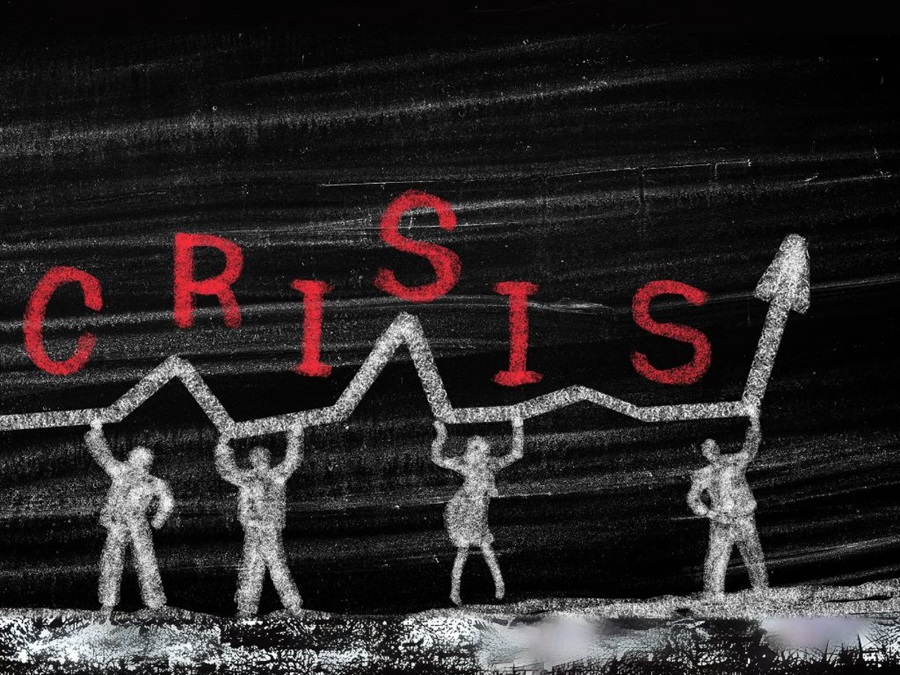 An illustration depicting corporate people carrying up share price graph with the words crisis on top. | Illustration by marrio31 from Getty Images Signature via Canva Pro / NHA File Photo