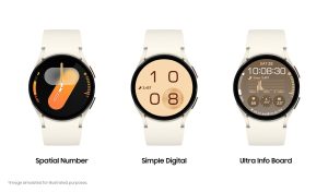 Samsung Galaxy Watch interface includes spatial number, simple digital and ultra info board. Image simulated for illustrated purposes. | Source: Samsung