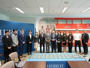 David Wallace, Acting High Commissioner at the British High Commission in Kuala Lumpur; Professor Mushtak Al-Atabi, Provost and CEO of Heriot-Watt University Malaysia (centre); Rt Hon Ian Murray MP, Secretary of State for Scotland, with the Heriot-Watt University Malaysia Student Association. | Heriot-Watt University Malaysia in Putrajaya, Malaysia. 28 November 2024 | Photo by HWUM / NHA File Photo