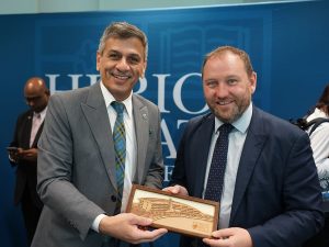 Professor Mushtak Al-Atabi, Provost and CEO of Heriot-Watt University Malaysia, presenting a token of appreciation to Rt Hon Ian Murray MP, Secretary of State for Scotland, during his visit to Heriot-Watt University Malaysia. | Heriot-Watt University Malaysia in Putrajaya, Malaysia. 28 November 2024 | Photo by HWUM / NHA File Photo