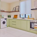 The Type A1 kitchen features mint-green cabinets that add a refreshing touch of nature, blending style and functionality to comp
