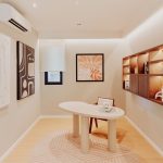 The Type D1 study creates a harmonious workspace with minimalist furniture and soft, inviting tones.