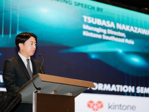 Tsubasa Nakazawa, managing director of Kintone Southeast Asia Sdn Bhd delivered his opening speech. | The Waterfront Hotel, Kuching, Sarawak, Malaysia. 18 February 2025. | Photo by Kintone / NHA File Photo