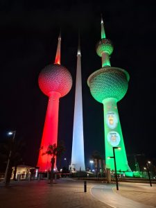 The Kuwait Towers are lit up with the national flag colours at night. | Photo by Saif Nordin / NHA File Photo