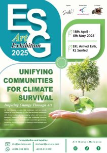 Art Market Malaysia's poster for the upcoming ESG Art Exhibition 2025 which will run from 18 April to 5 May 2025 at the KLIA Express Arrival Hall in KL Sentral, Kuala Lumpur, Malaysia