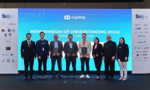 (From left to right): Y.M. Tunku Dato’ Mohamed Alauddin Tunku Naquiyuddin, Chief Executive Officer and Executive Director of Antah Healthcare Group; Darrel Ang, Co-founder of CapBay; Dato' Suib bin Ahmad, Chief Executive Officer of Nephrocare; Muhammad Farahi ‘Arif bin Tajul Ariffin, Managing Director of Farmasi Al Arif; David Lee Jia Ee, Country Manager (Malaysia) of HealthMetrics; Cindy Chong, Chief Executive Officer of HorecaBid; Mohd Redzuan Affandi bin Abdul Rahim, Director of Digital Services of MDEC; and Carmen Chan, Vice President (Healthcare Industry) of CapBay, during the MoU exchange ceremony at SEACare 2025. | MITEC, Kuala Lumpur, Malaysia. 23 April 2025 | Photo by CapBay / NHA File Photo