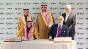 Saudia Group signs a deal with Airbus at the Airbus factory in Toulouse, France, attended by H.E. Engr. Ibrahim Al-Omar, director general of Saudia Group, and Christian Scherer, CEO of Airbus’ Commercial Aircraft business. The agreement was signed by Saleh Eid, vice president of fleet management at Saudia Group, and Benoît de Saint-Exupéry, Airbus executive vice president of sales for commercial aircraft. | Tourlouse, France. 28 April 2025 | Photo by Saudia Group / NHA File Photo