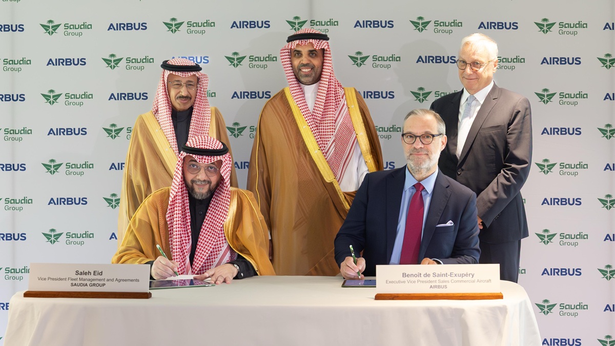 Saudia Group signs a deal with Airbus at the Airbus factory in Toulouse, France, attended by H.E. Engr. Ibrahim Al-Omar, director general of Saudia Group, and Christian Scherer, CEO of Airbus’ Commercial Aircraft business. The agreement was signed by Saleh Eid, vice president of fleet management at Saudia Group, and Benoît de Saint-Exupéry, Airbus executive vice president of sales for commercial aircraft. | Tourlouse, France. 28 April 2025 | Photo by Saudia Group / NHA File Photo