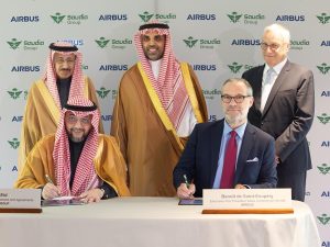 Saudia Group signs a deal with Airbus at the Airbus factory in Toulouse, France, attended by H.E. Engr. Ibrahim Al-Omar, director general of Saudia Group, and Christian Scherer, CEO of Airbus’ Commercial Aircraft business. The agreement was signed by Saleh Eid, vice president of fleet management at Saudia Group, and Benoît de Saint-Exupéry, Airbus executive vice president of sales for commercial aircraft. | Tourlouse, France. 28 April 2025 | Photo by Saudia Group / NHA File Photo