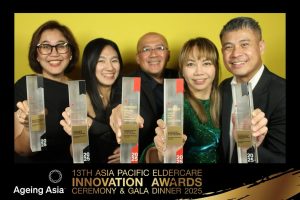 From left: Rosa Leong (head of Sunway Medical Centre Liaison Office - Singapore), Tan Sin Yee (senior executive for sales and marketing at Sunway Sanctuary), Leonard Theng (general manager of Sunway Sanctuary), Vivien Lim (director of sales and marketing at Sunway Sanctuary), and Mohd. Farid (manager of sales for international business and government relations at Sunway Sanctuary) celebrating Sunway Sanctuary’s achievements at the 13th Asia Pacific Eldercare Innovation Awards Ceremony & Gala Dinner 2025 in Singapore. 9 April 2025. | Photo by Sunway Sanctuary / NHA File Photo