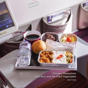 The Chicken Massaman with Rice and Stir Fried Vegetables by Ban Yi San is one of the 'Streets to Sky' meals served onboard Thai Airways. | Photo by Dusit Foods and Thai Airways / NHA File Photo