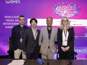 From left: David Simonsen, director – SEA and MENA, Prime Video; Jangho Seo, executive vice president of CJ ENM’s content business division, Gaurav Gandhi, vice president - APAC and MENA, Prime Video; and Kelly Day, head of International and vice president, Prime Video. | Waves Audio Visual and Entertainment Summit (WAVES), India. 5 May 2025 | Photo by Prime Video / NHA File Photo