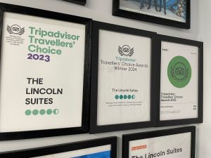 The Lincoln Suites in Central London secured a spot among the top 10 per cent of hotels globally, according to Tripadvisor’s 2025 Travellers’ Choice Awards. This marks the third consecutive year it has received the accolade. This photo displays the award certificates it has received from 2023 to 2025. | Photo by E&O / NHA File Photo