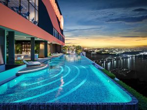 Gen Sphere's Aqua Zone at Roof Level 50 features an infinity pool with panoramic city and waterfront views, creating a serene escape high up in the sky. | Photo by Majestic Gen / NHA File Photo