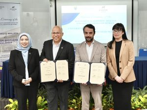From left: Professor Dr. Yusniza Kamarulzaman, Dean of the Faculty of Business and Economics Universiti Malaya; Professor Datuk Seri Ir. Dr. Noor Azuan Abu Osman, vice-chancellor of Universiti Malaya; Hugo Carriço, CEO of Sacoor Brothers South East Asia; and Alva Ni, business development and expansion manager of Sacoor Brothers South East Asia. | Kuala Lumpur, Malaysia. 30 June 2025. | Photo by Sacoor Brothers / NHA File Photo
