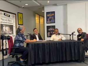 Malaysian Communications and Multimedia Commission (MCMC) commissioner Derek Fernandez (second from left) discusses the government's new social media licensing policy on the Trick Lama podcast, hosted by Big Boom Media group editor-in-chief Terence Fernandez (second from right), group chief executive officer Datuk Zainul Arifin (right), and group executive director Datuk Ahirudin Attan (left). | Photo by Scoop.my, November 28, 2024 | NHA File Photo