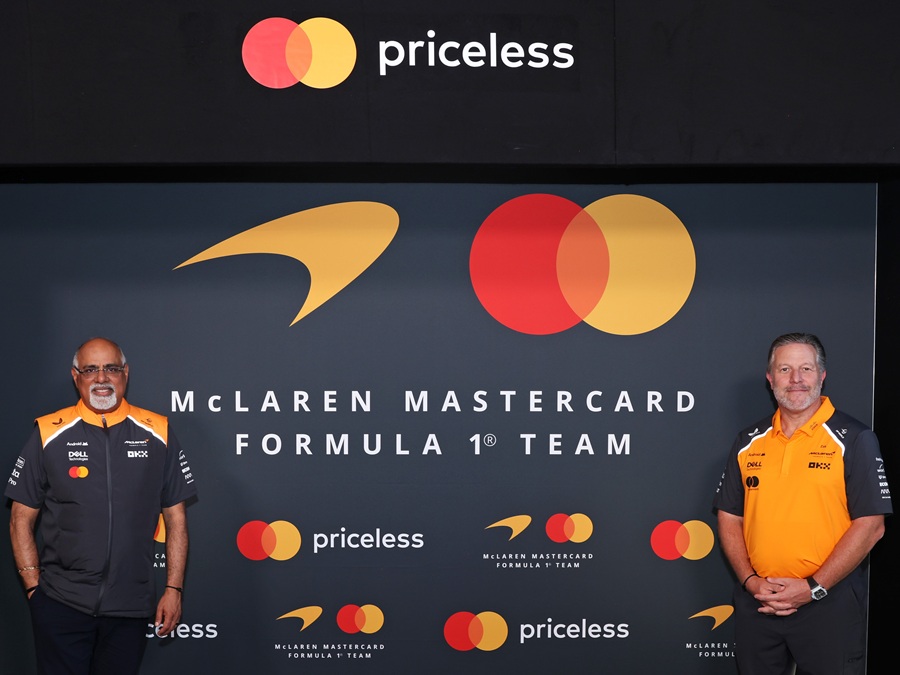 Raja Rajamannar, chief marketing and communications officer for Mastercard (left) and McLaren Racing chief executive officer Zak Brown (right) at McLaren Racing's event announcing Mastercard as Official Naming Partner of McLaren Formula 1 Team from 2026. | Photo by Mastercard (28 August 2025) / NHA File Photo
