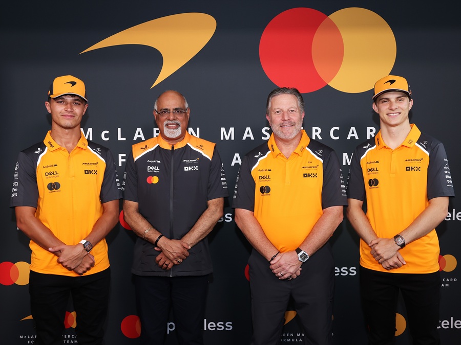 From left are McLaren's Lando Norris; Raja Rajamannar, chief marketing and communications officer for Mastercard; McLaren Racing chief executive officer Zak Brown; and McLaren's Oscar Piastri at McLaren Racing's event announcing Mastercard as Official Naming Partner of McLaren Formula 1 Team from 2026. | Photo by Mastercard (28 August 2025) / NHA File Photo