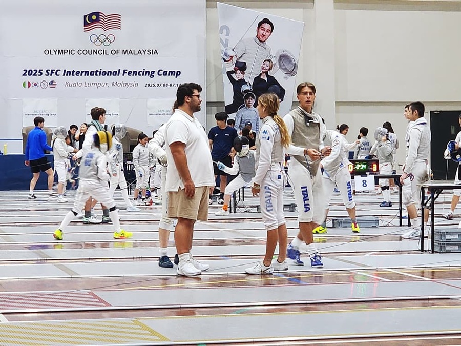 Italian coach, Alberto Dei Rossi, with other Italian fencers at the 2025 SFC International Fencing Camp in Kuala Lumpur, Malaysia. 14 July 2025. | Photo by Ruzanna Muhammad / News Hub Asia