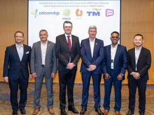 From left to right: CelcomDigi chief transformation officer Datuk Kamal Khalid; Maxis chief enterprise business officer Prateek Pashine; GSMA head of APAC Julian Gorman; U Mobile chief information officer Neil Tomkinson; YTL Chief executive officer Wing K Lee; and TM chief network officer Mohamed Tajul Mohamed Sultan. | Photo by Roots PR - 23 Sep 2025 / NHA File Photo