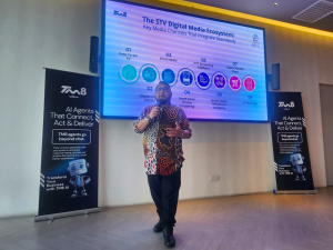 Dato' Afdlin Shauki shares how STV Digital plans to use the Team M8 agentic AI platform at TM8's AI Showcase and Media Briefing. | Filipo Ristorante, Kuala Lumpur, Malaysia. 25 September 2025. | Photo by Ruzanna Muhammad / News Hub Asia