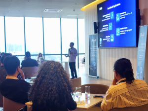 Faiz Samion, TM8’s commercial director, describing the Team M8 agentic AI platform during the AI Showcase and Media Briefing. | Filipo Ristorante, Kuala Lumpur, Malaysia. 25 September 2025. | Photo by Ruzanna Muhammad / News Hub Asia